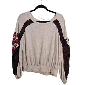 Free‎ People Top Womens M Pink Rose Petal Combo Waffle Knit Long Sleeve